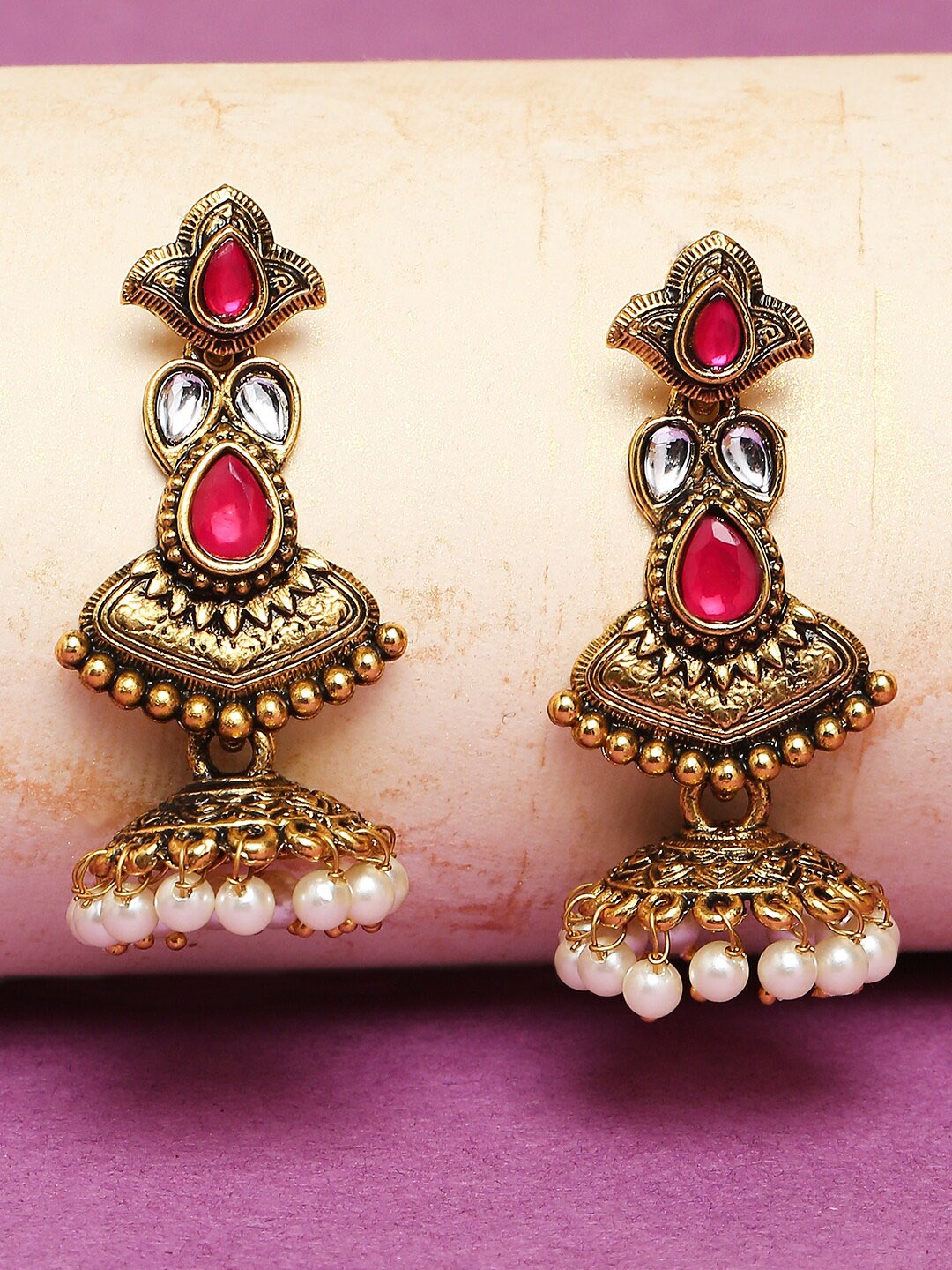 

OOMPH Maroon & Off White Gold-Plated Dome Shaped Jhumkas Earrings