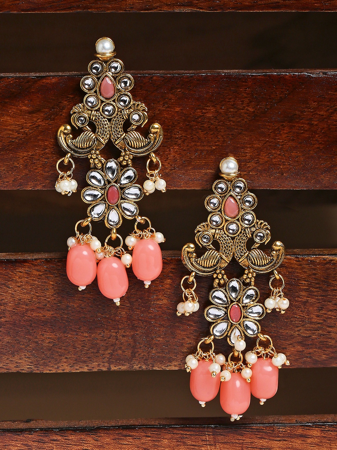 

OOMPH Peach-Coloured & Off White Gold-Plated Peacock Shaped Drop Earrings