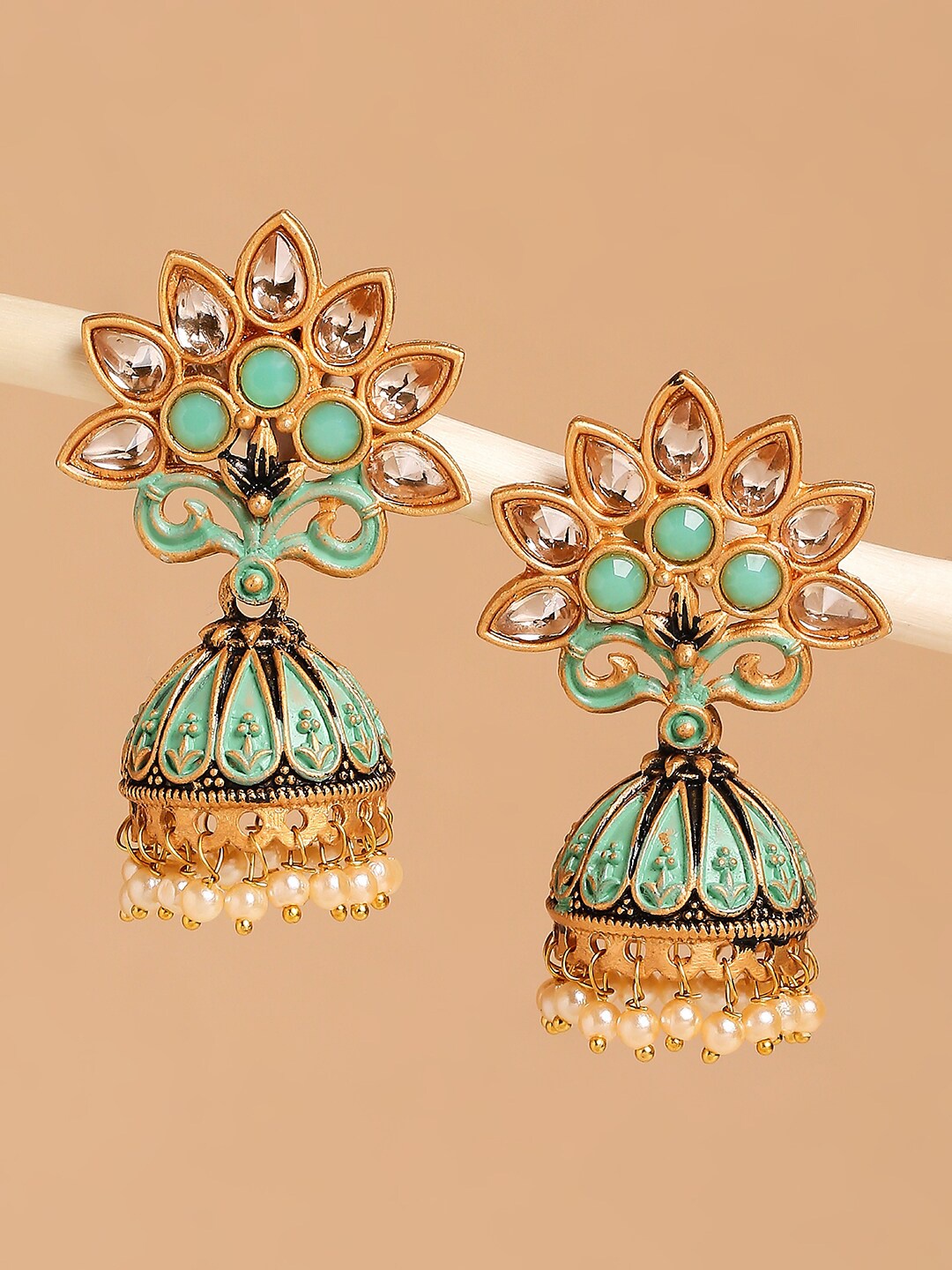 

OOMPH Green Gold-Plated Floral Jhumkas Earrings