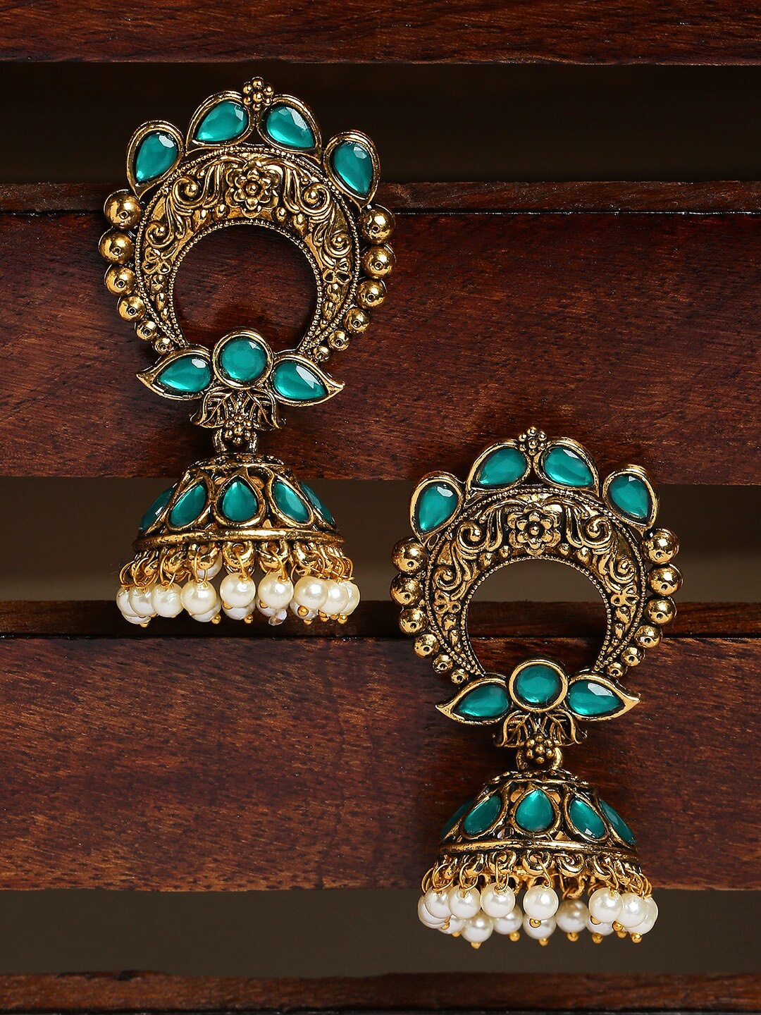 

OOMPH Gold-Toned & Green Contemporary Jhumkas Earrings