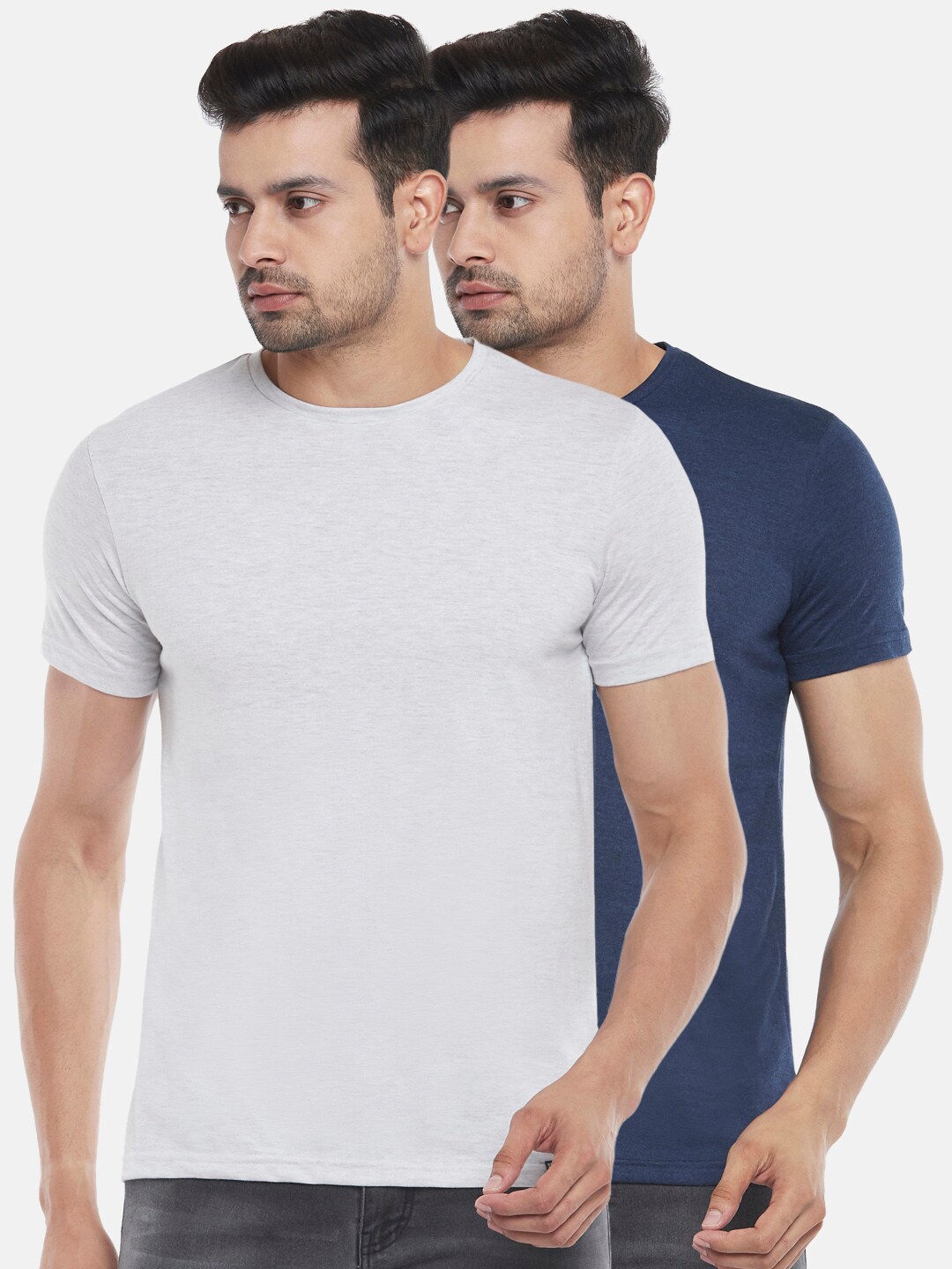 

People Men Set Of 2 Grey Melange & Navy Blue Solid Slim Fit T-shirt