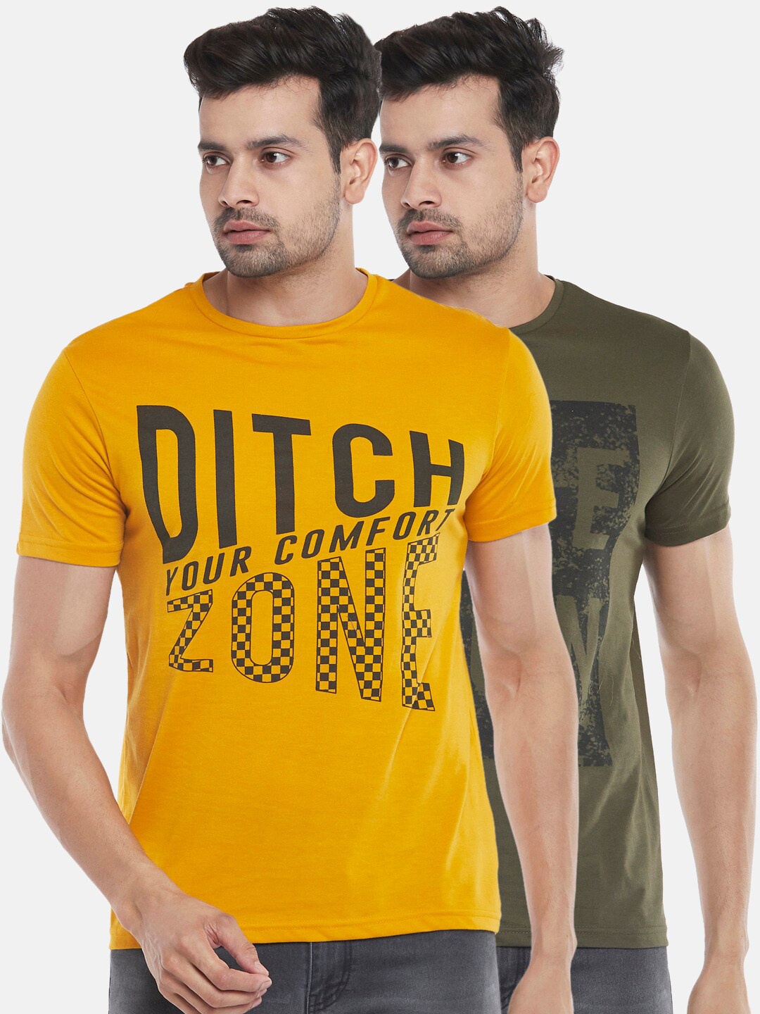 

People Men Olive Green 2 Printed Slim Fit T-shirt
