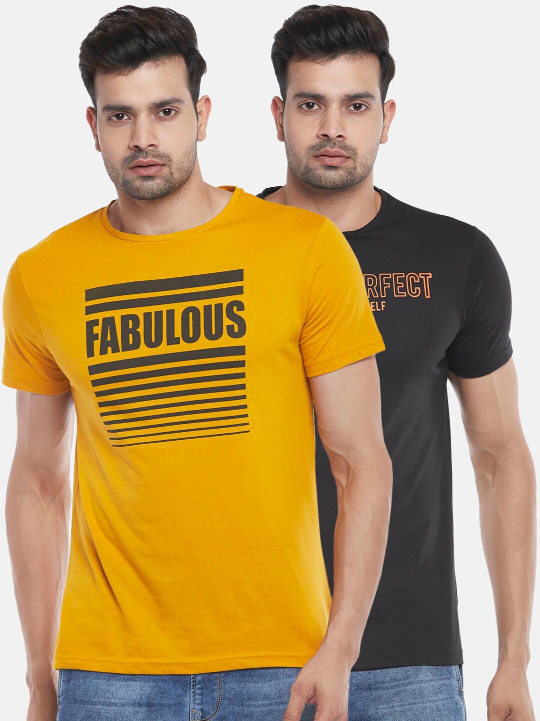 

People Men Pack of 2 Mustard, Black Typography Printed Slim Fit T-shirt