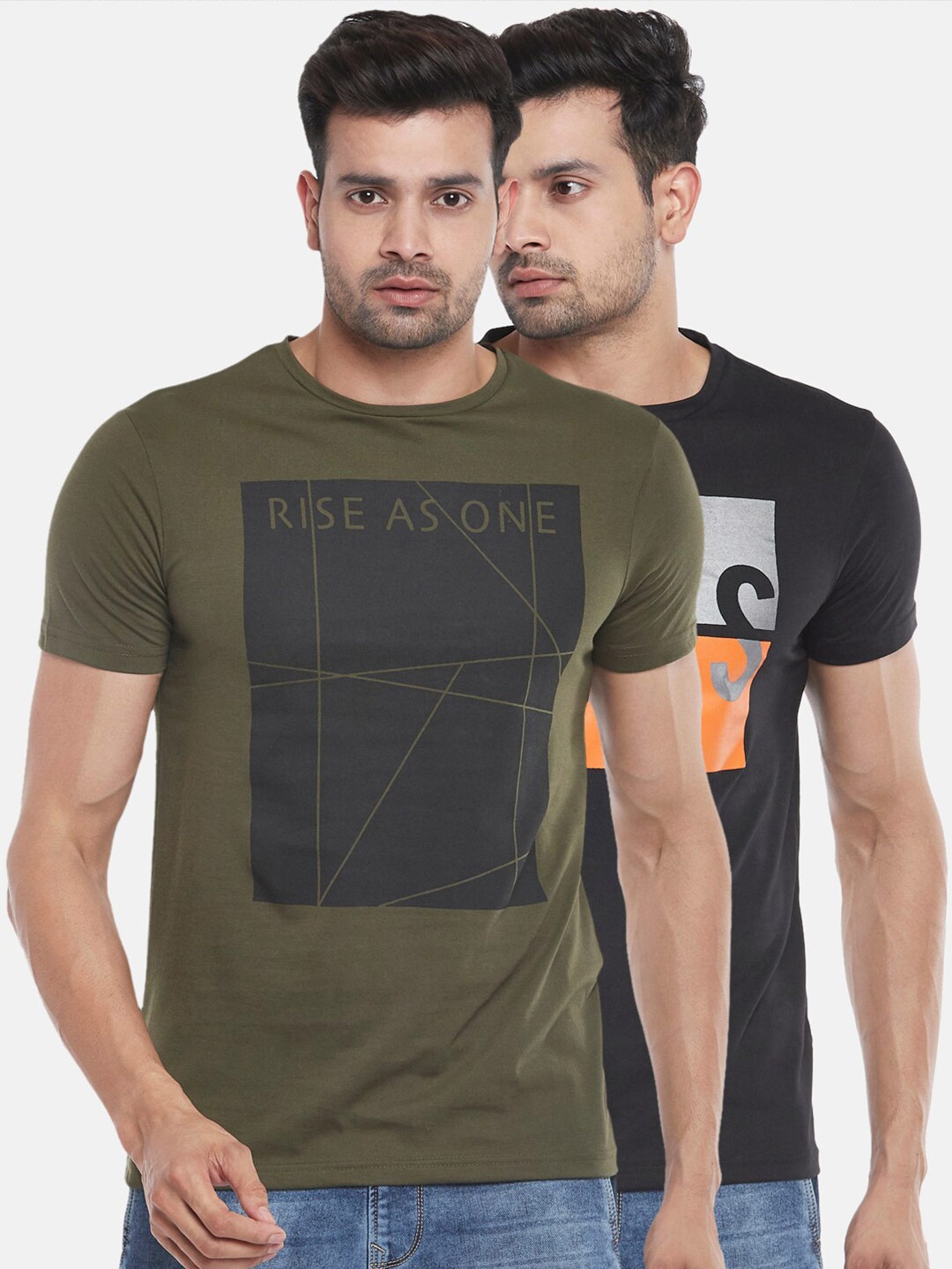 

People Men Set Of 2 Black & Green Printed Slim Fit T-shirt