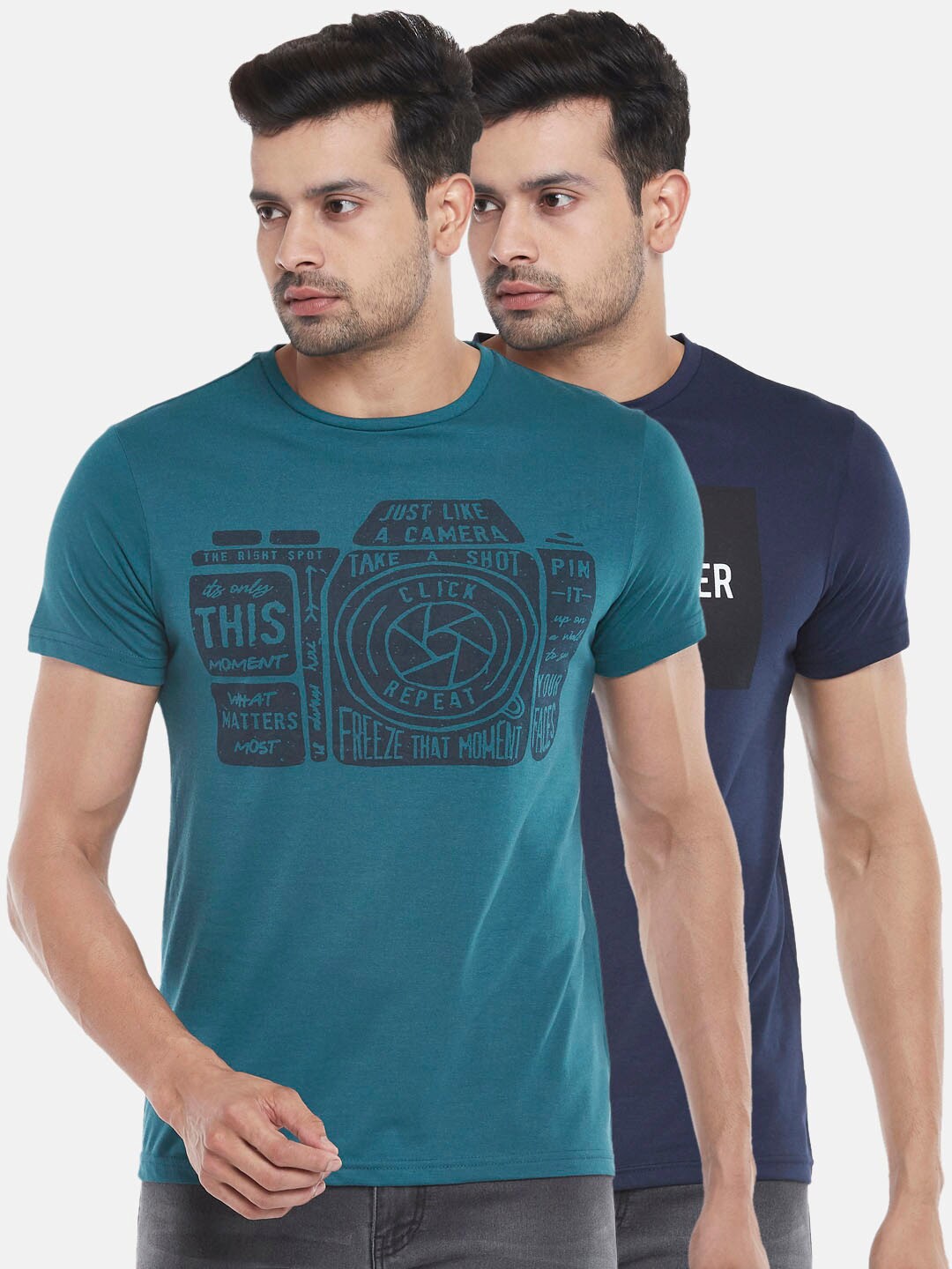 

People Men Navy Blue & Teal Typography 2 Printed Slim Fit T-shirt