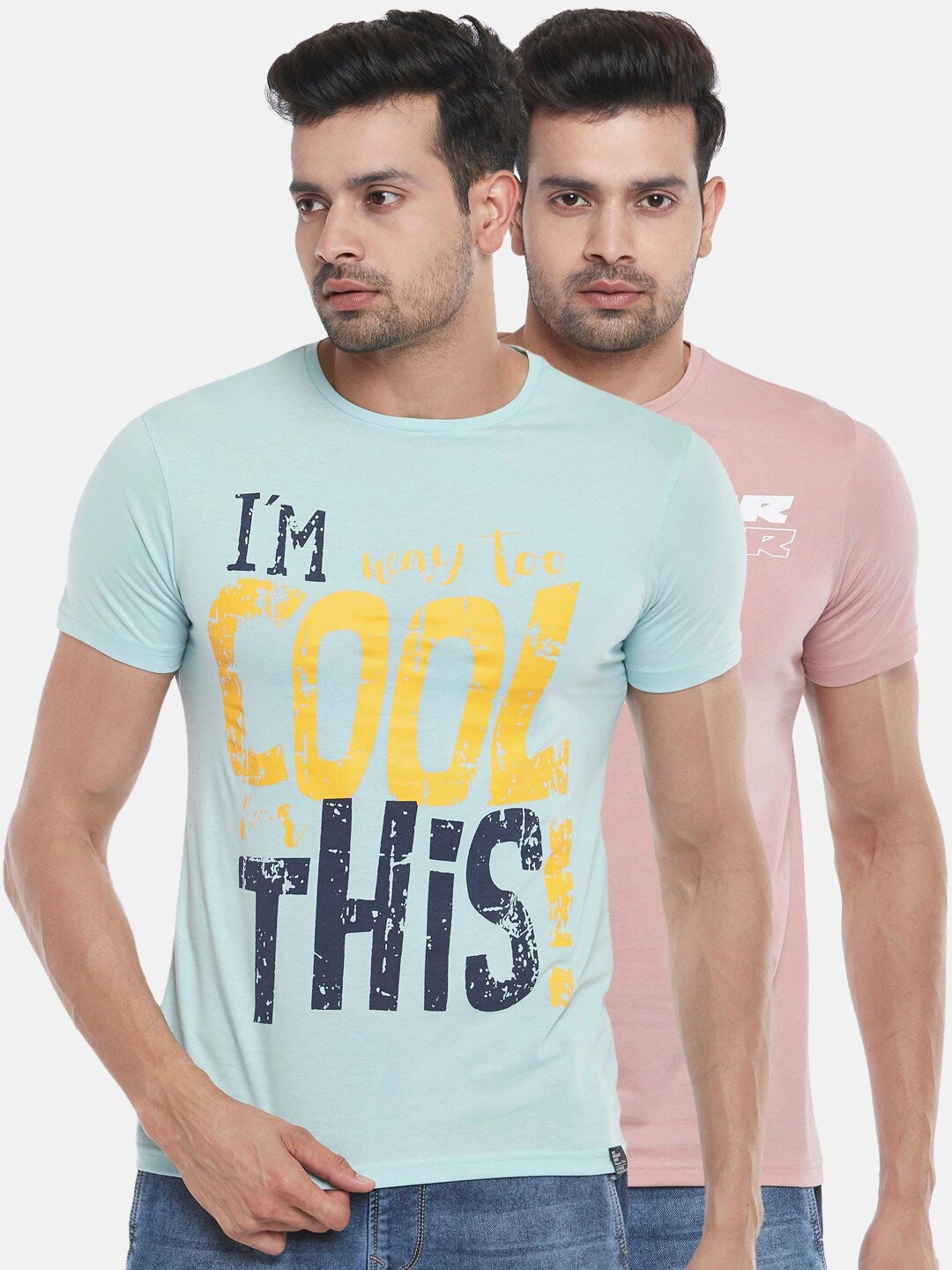 

People Men Pink & Blue Typography 2 Printed Slim Fit T-shirt
