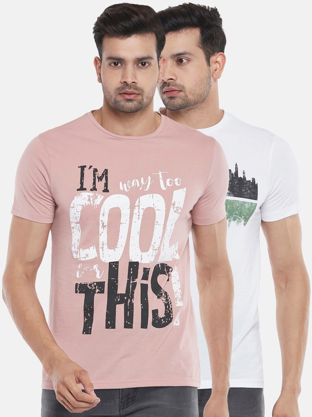 

People Men White 2 Printed Slim Fit T-shirt