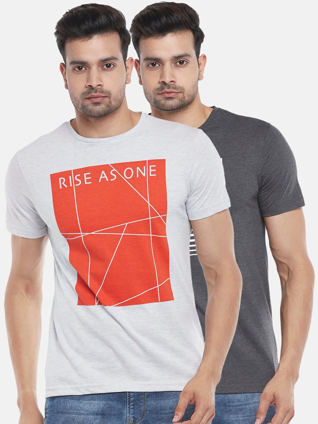 

People Men Grey Melange Pack Of 2 Printed Slim Fit T-shirt