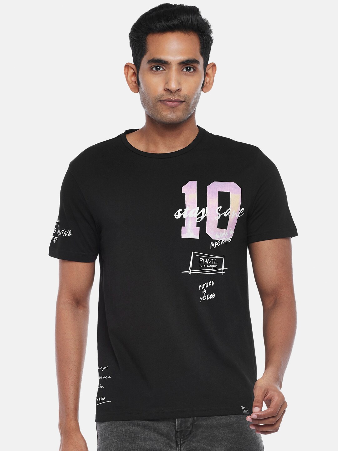 

People Men Black Typography Printed Slim Fit T-shirt