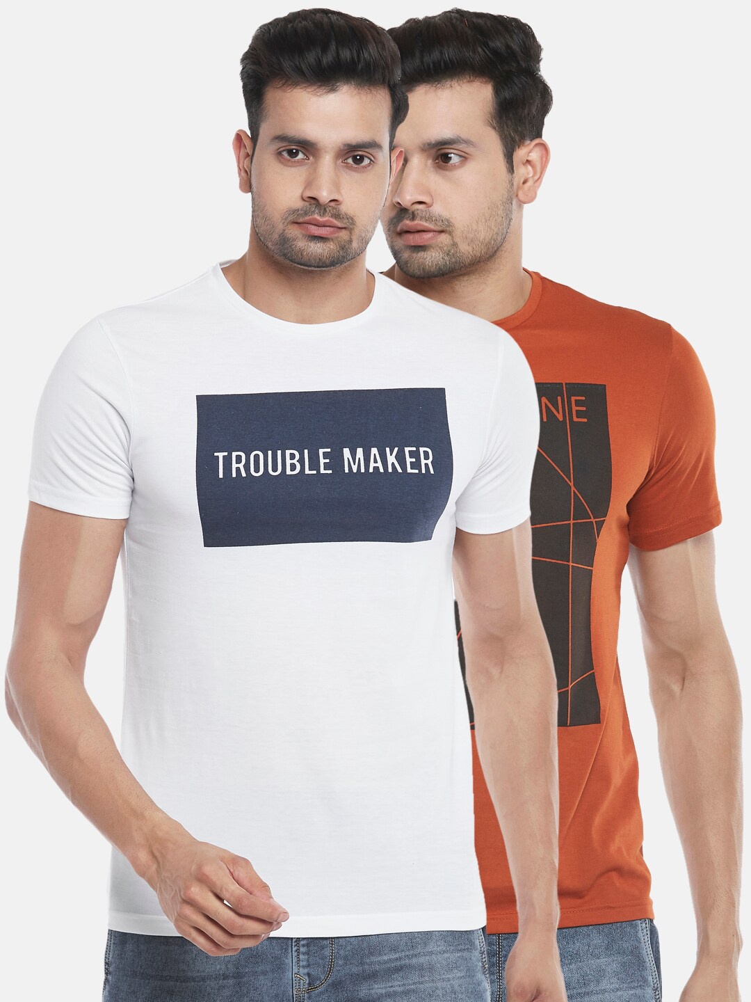 

People Men Rust Typography Pack Of 2 Rust-White Printed Slim Fit T-shirt