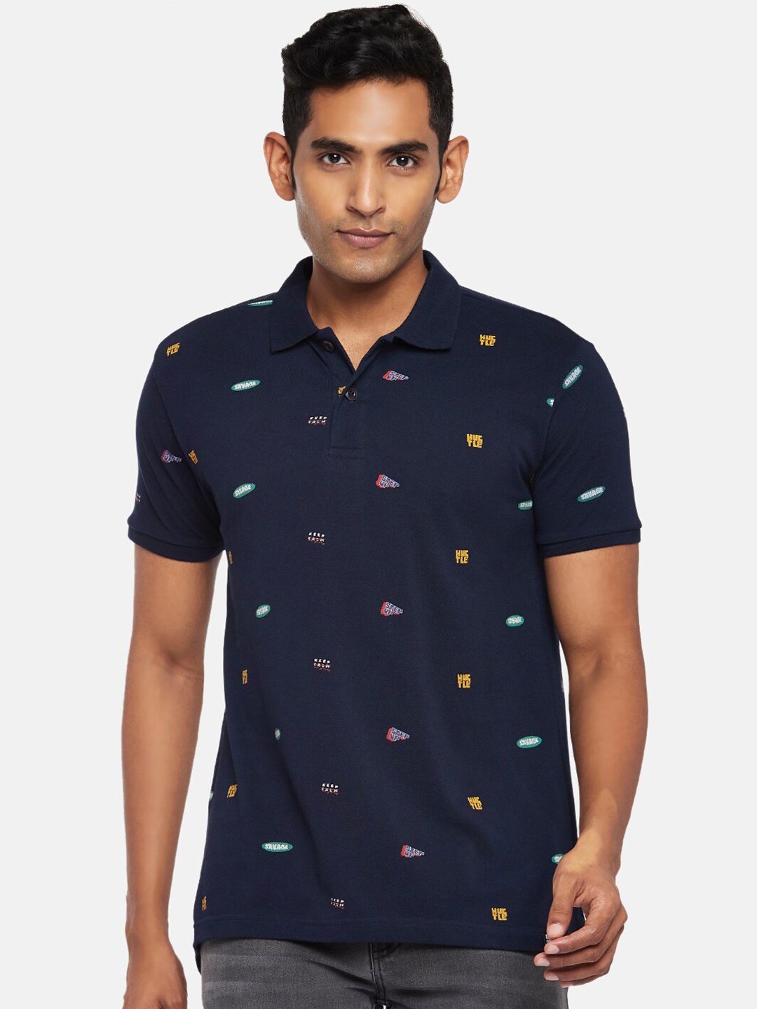 

People Men Navy Blue Printed Polo Collar Slim Fit T-shirt