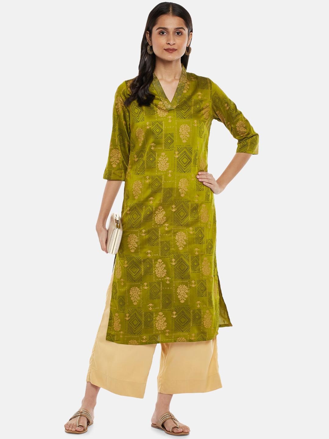 

RANGMANCH BY PANTALOONS Women Olive Green Ethnic Motifs Printed Kurta