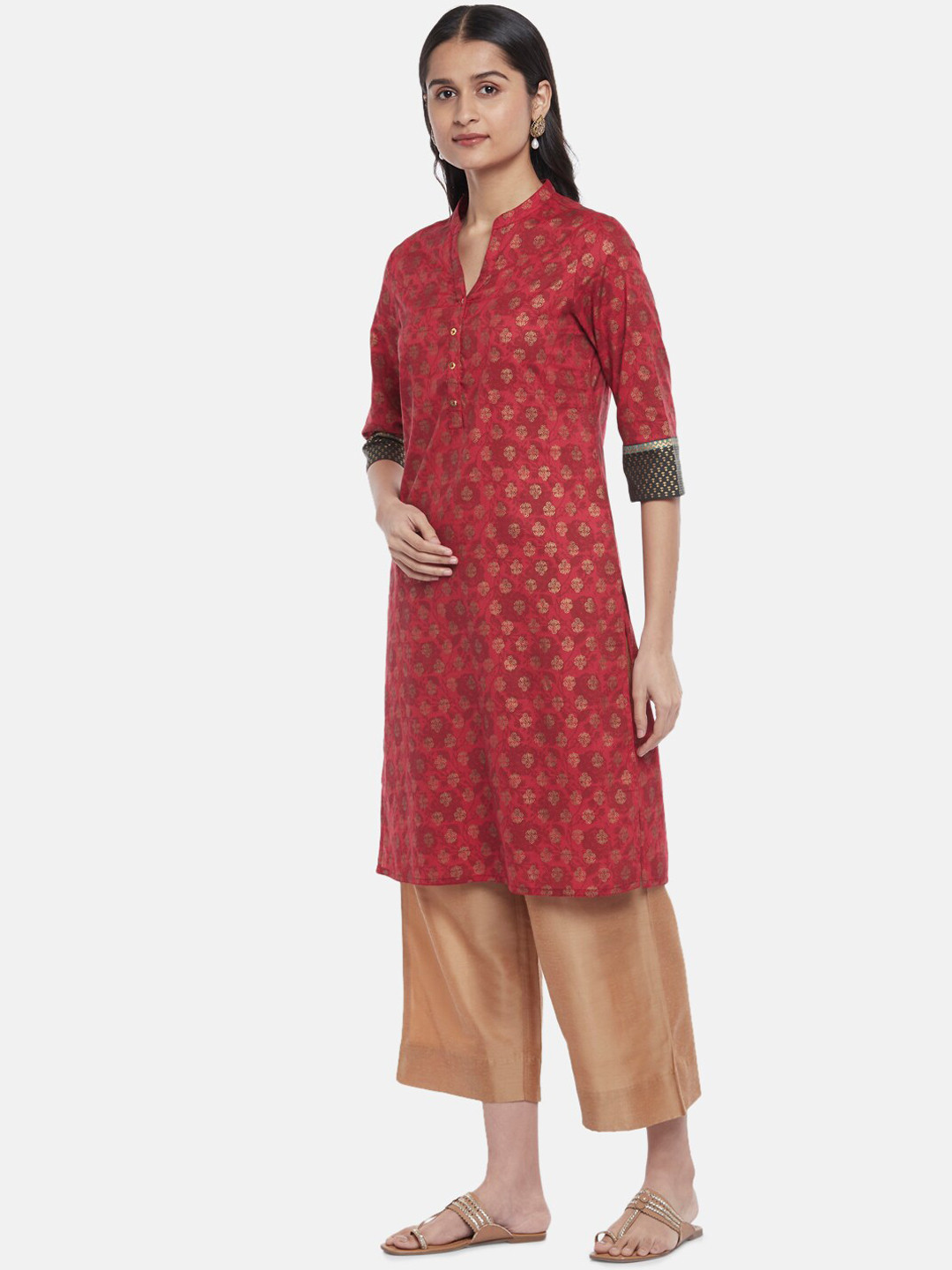 

RANGMANCH BY PANTALOONS Women Maroon & Gold-Toned Ethnic Motifs Printed Kurta