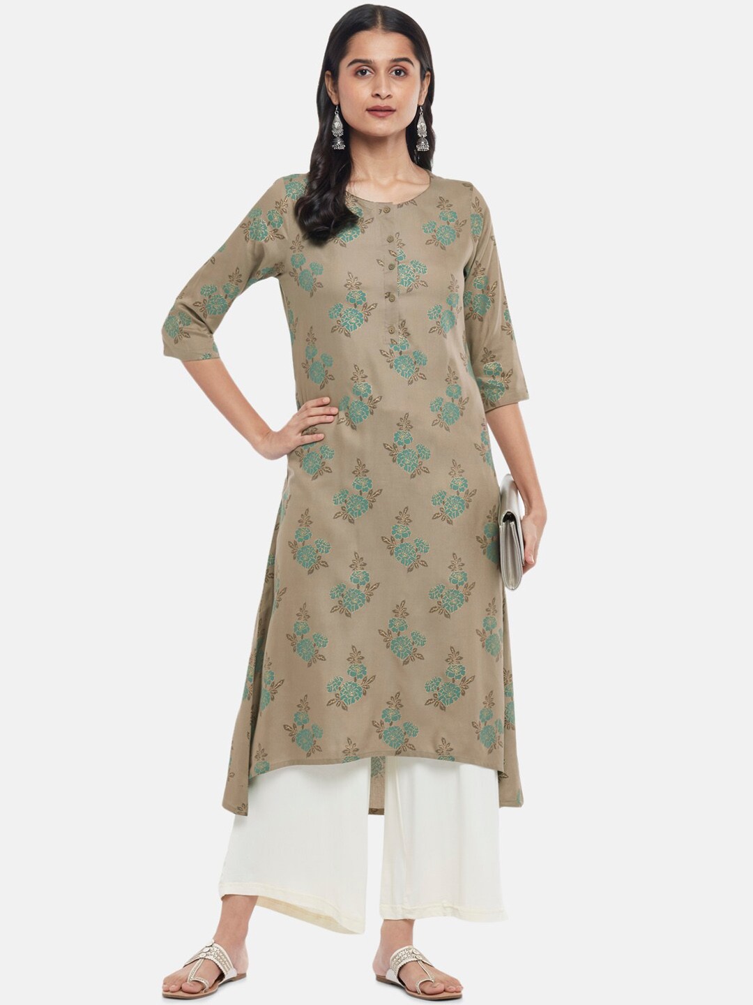 

RANGMANCH BY PANTALOONS Women Charcoal Floral Printed Thread Work Kurta