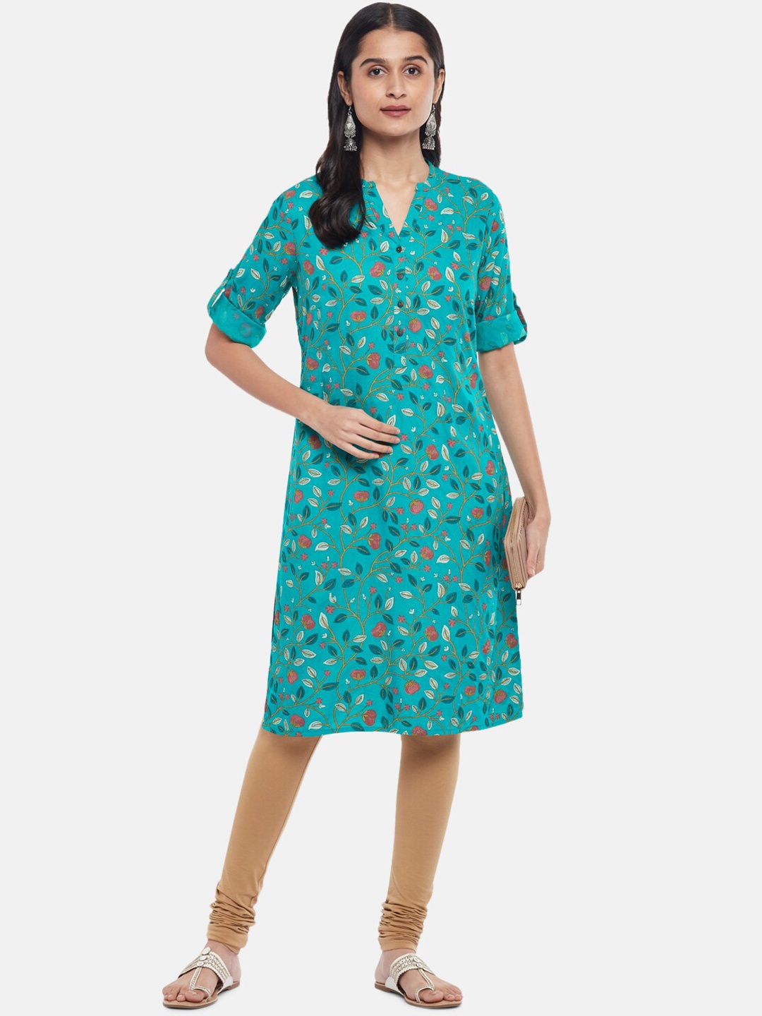 

RANGMANCH BY PANTALOONS Women Turquoise Blue Ethnic Motifs Printed Thread Work Kurta