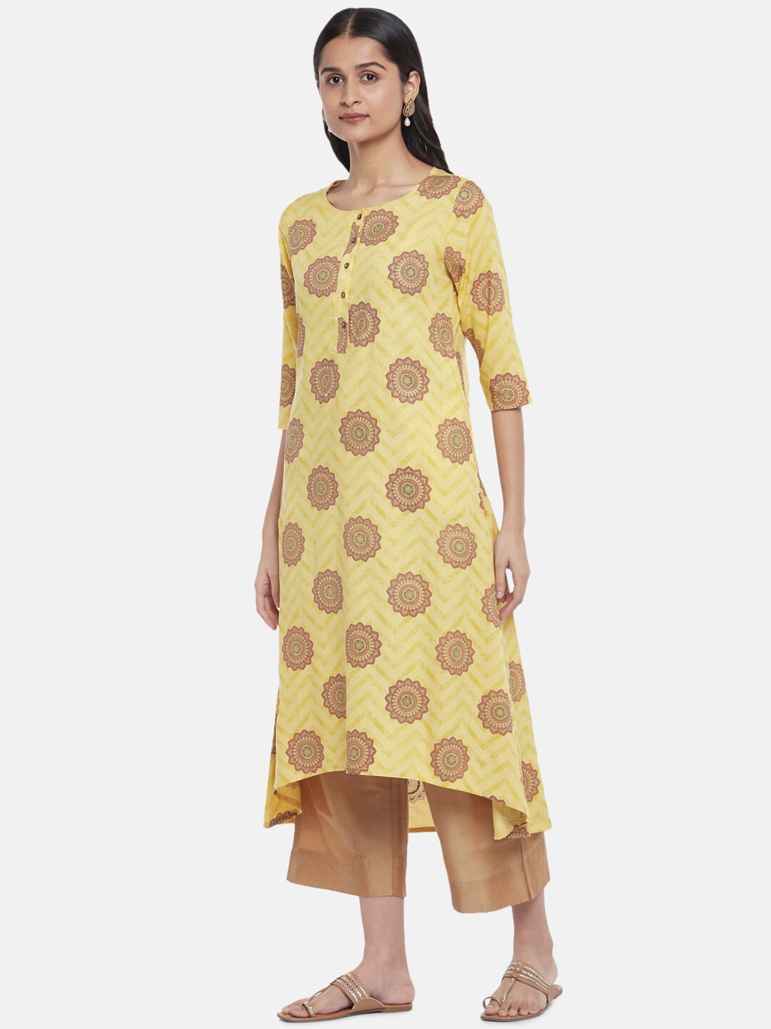 

RANGMANCH BY PANTALOONS Women Mustard Yellow & Brown Ethnic Motifs Printed Kurta