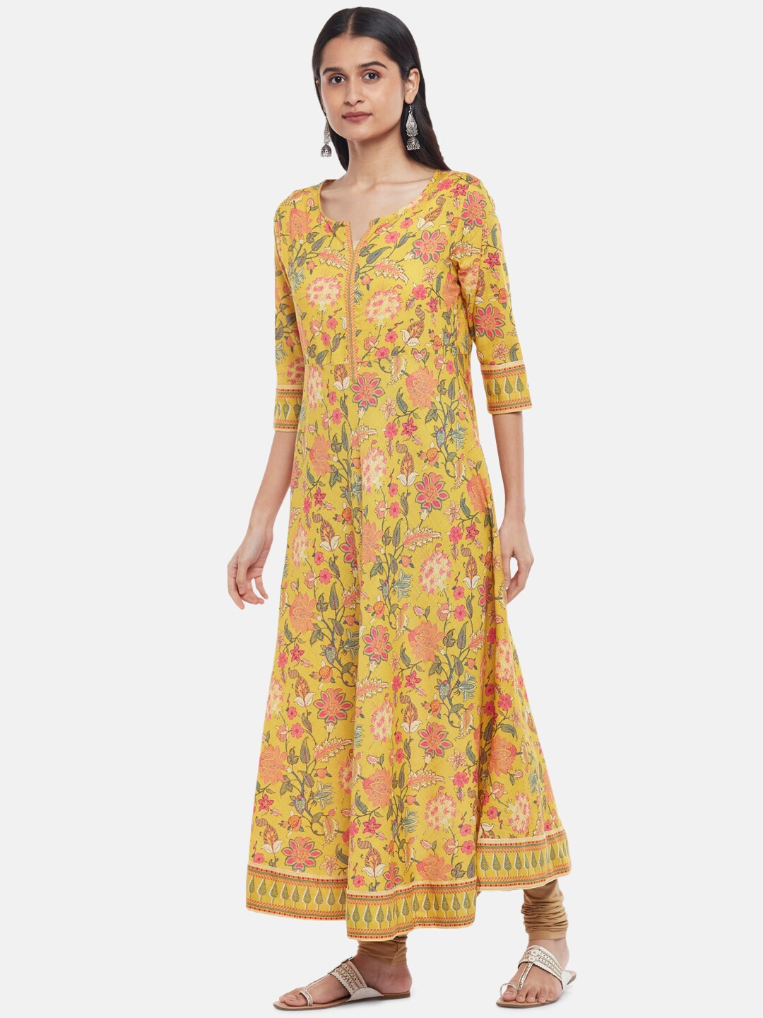 

RANGMANCH BY PANTALOONS Women Mustard Yellow & Pink Floral Printed Floral Anarkali Kurta