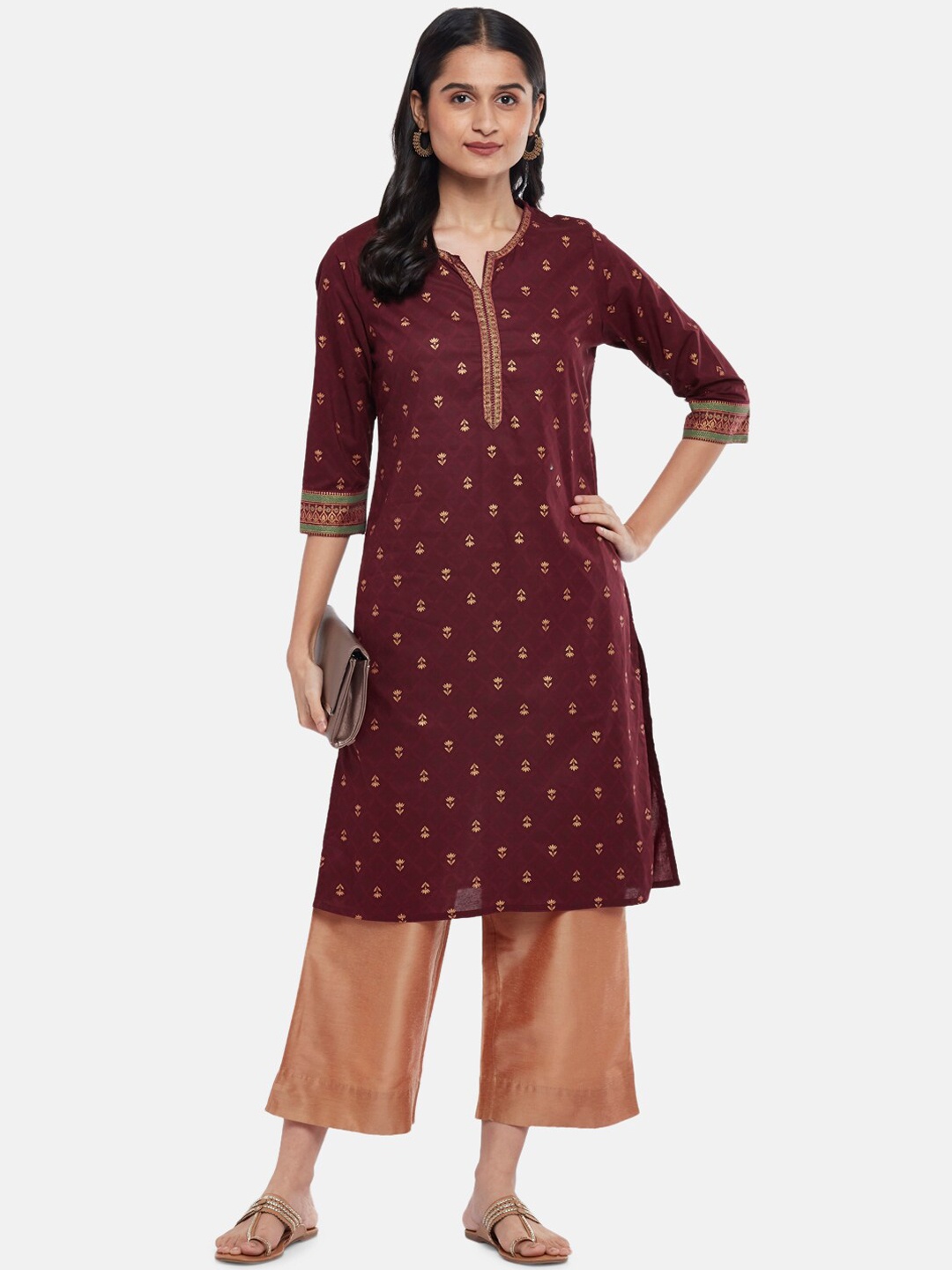 

RANGMANCH BY PANTALOONS Women Maroon & Rose Gold Printed Checked Kurta