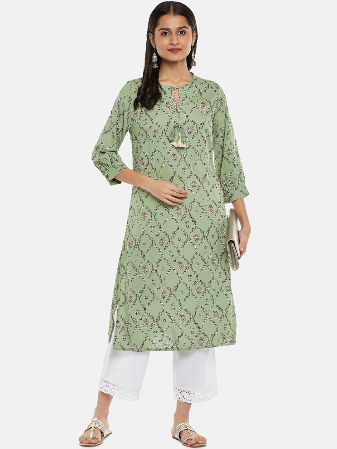 

RANGMANCH BY PANTALOONS Women Green Ethnic Motifs Printed Tie Up Neck Kurta