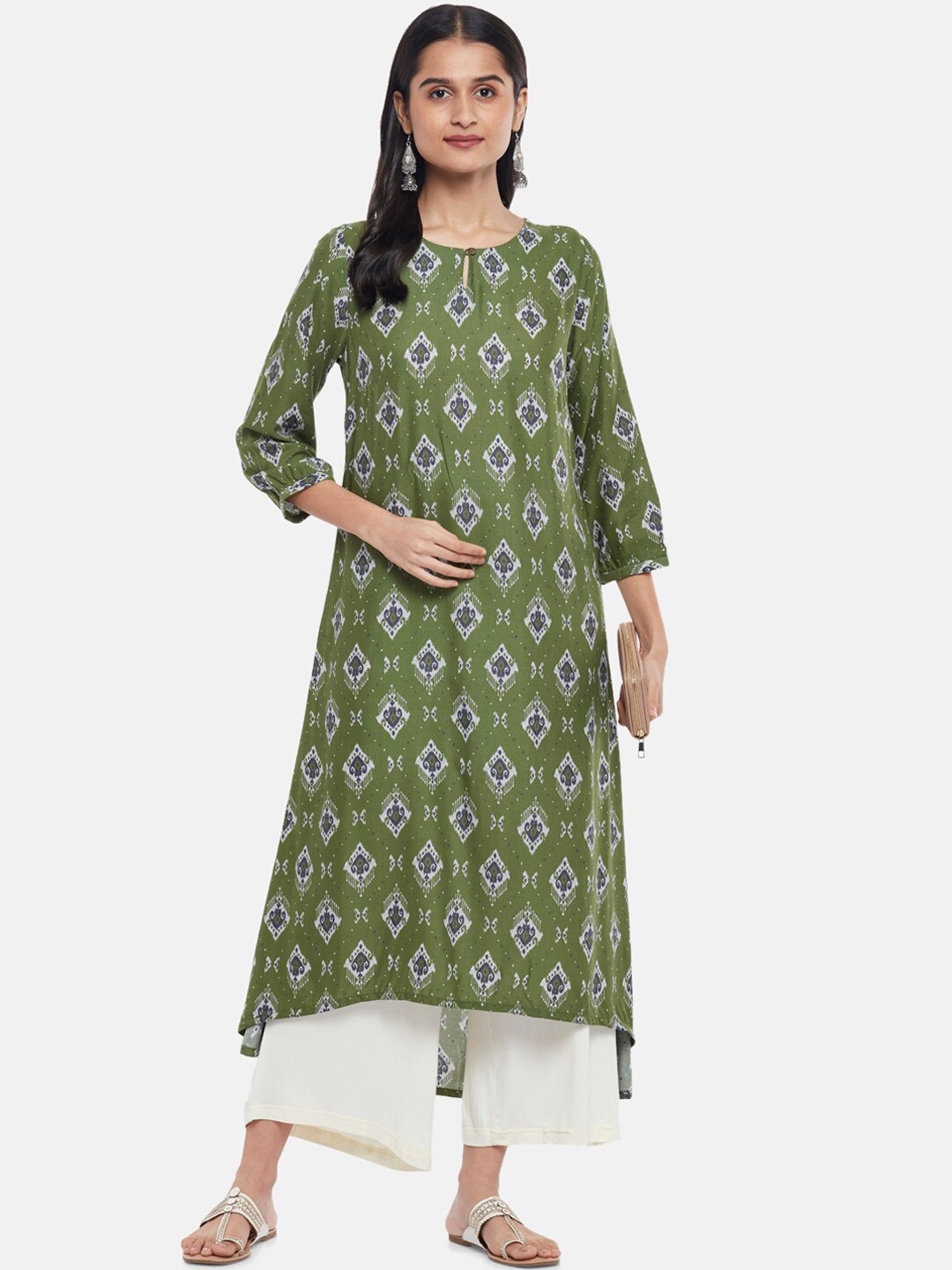 

RANGMANCH BY PANTALOONS Women Green Ethnic Motifs Printed Keyhole Neck Kurta, Turquoise blue