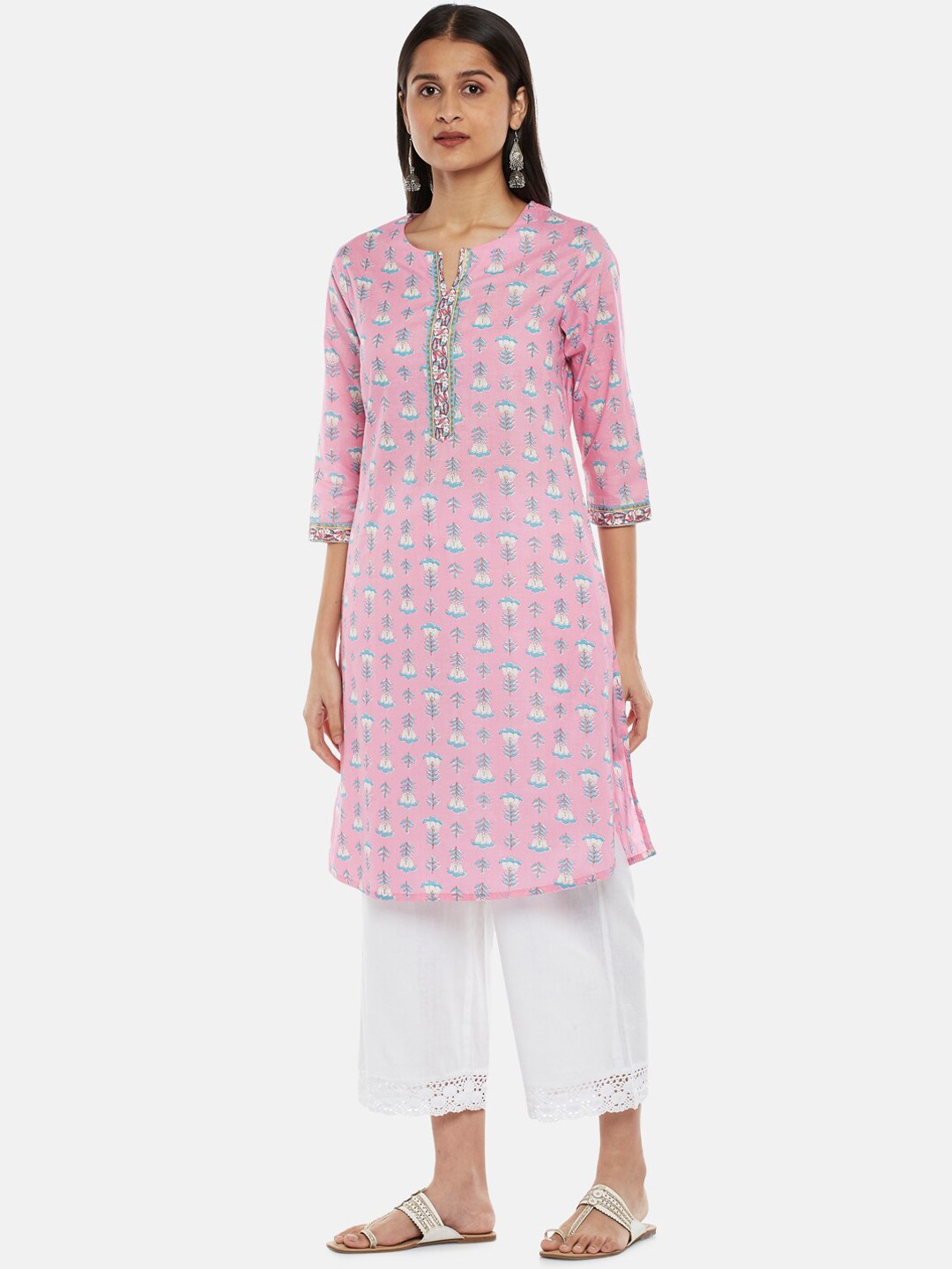 

RANGMANCH BY PANTALOONS Women Pink & White Ethnic Motifs Printed Kurta