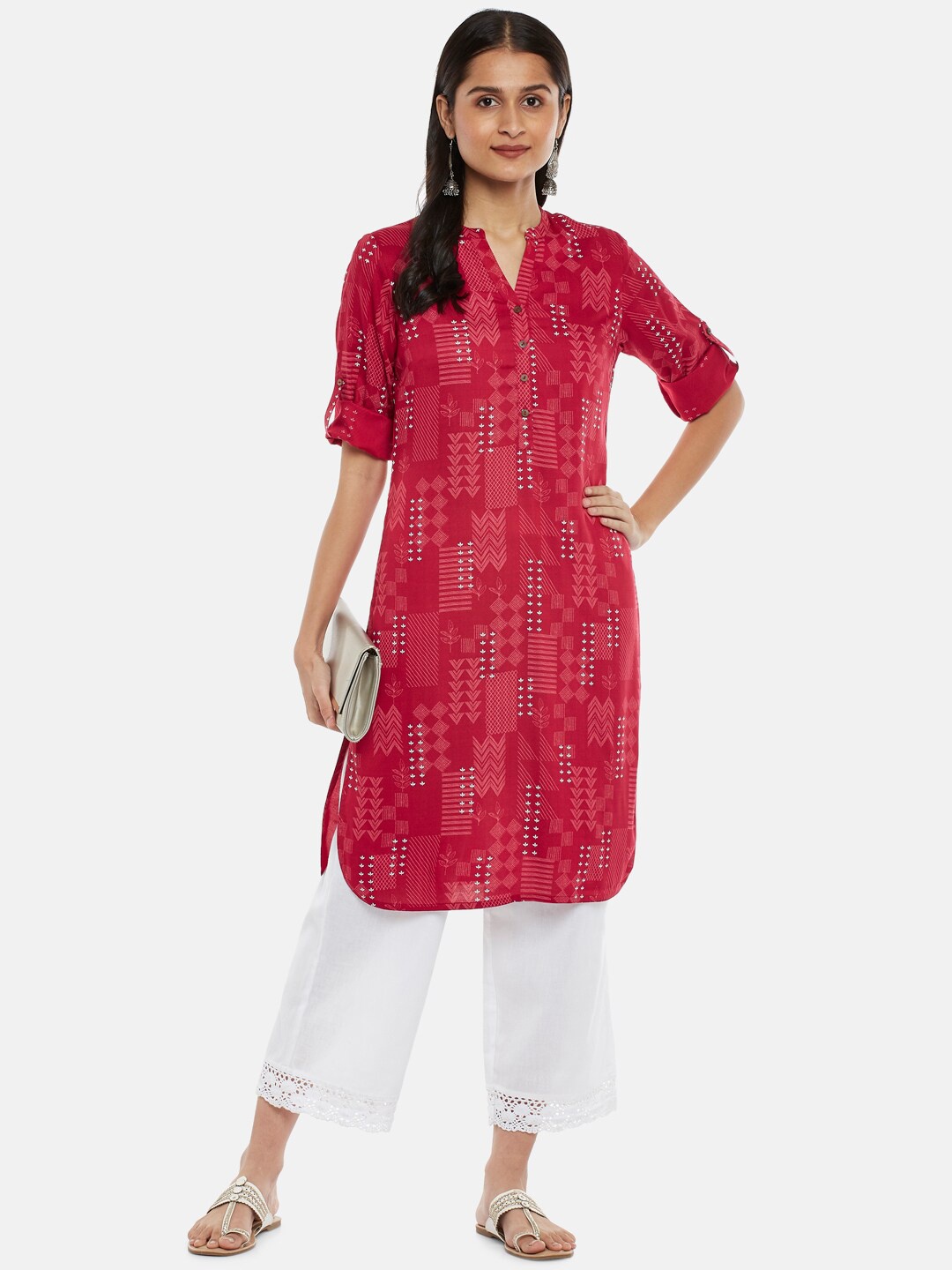 

RANGMANCH BY PANTALOONS Women Pink Geometric Dyed Thread Work Kurta