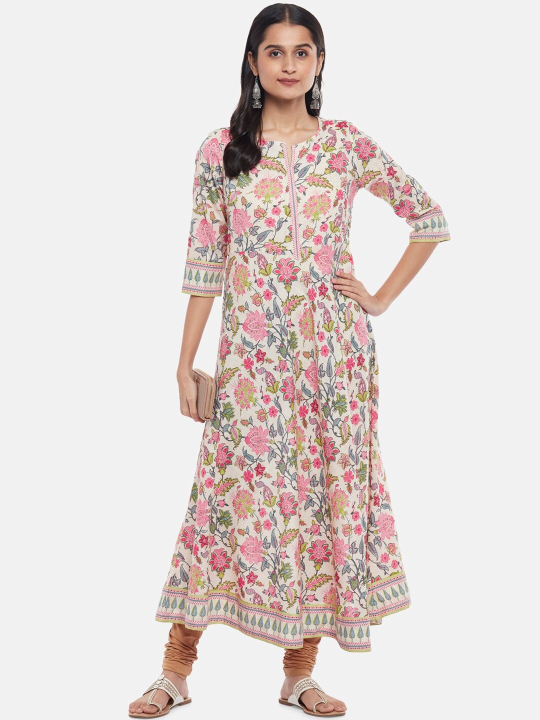 

RANGMANCH BY PANTALOONS Women Off White Floral Printed Anarkali Kurta