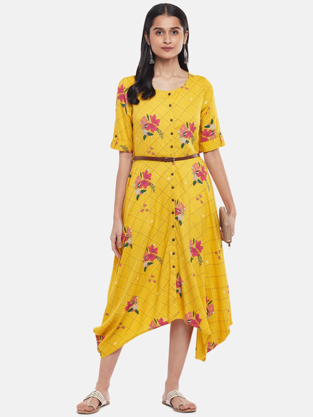 

AKKRITI BY PANTALOONS Yellow & Red Floral Midi Dress