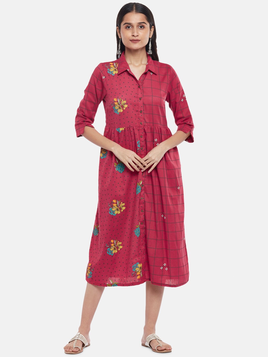 

AKKRITI BY PANTALOONS Pink Floral Shirt Midi Dress