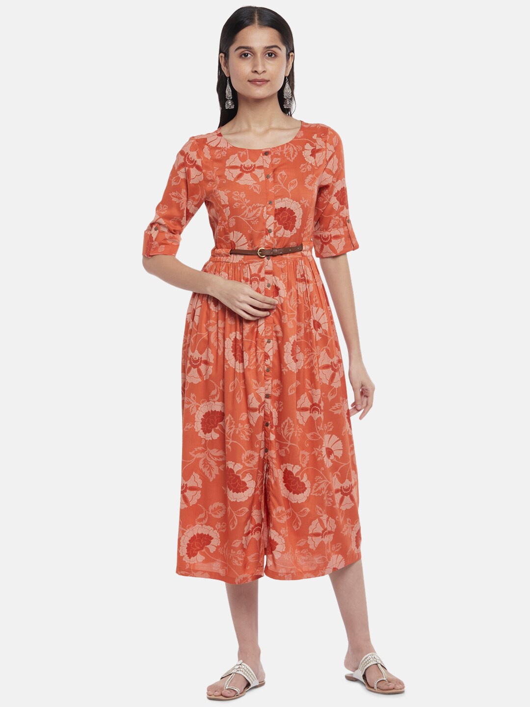 

AKKRITI BY PANTALOONS Orange & Coral Ethnic Motifs Midi Dress