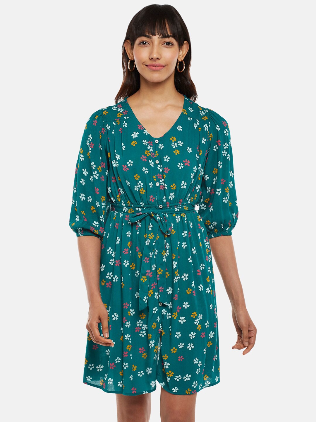 

People Women Teal Floral Printed A-Line Dress