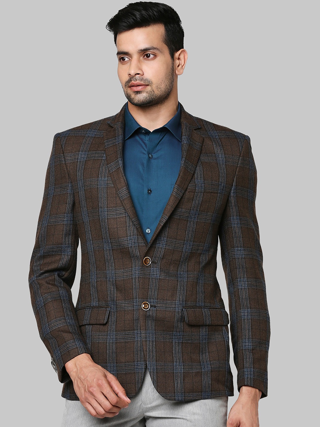 

Park Avenue Men Brown Checked Single Breasted Formal Blazer