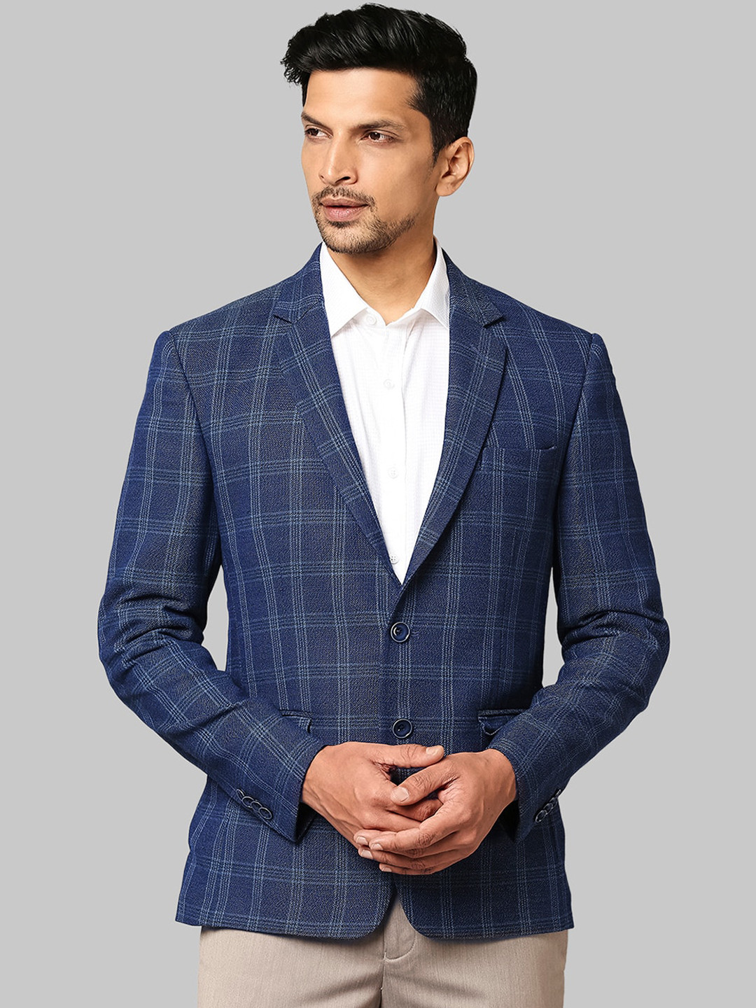 

Park Avenue Men Blue Checked Single-Breasted Formal Blazer