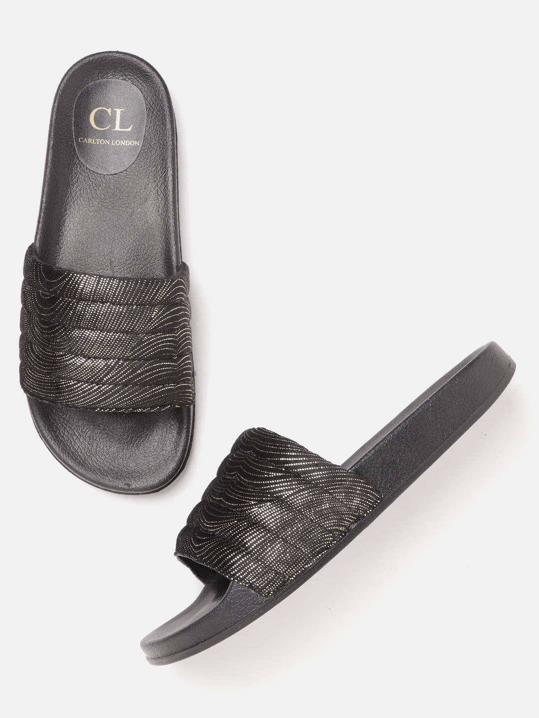 

Carlton London Women Black & Gold-Toned Striped Sliders