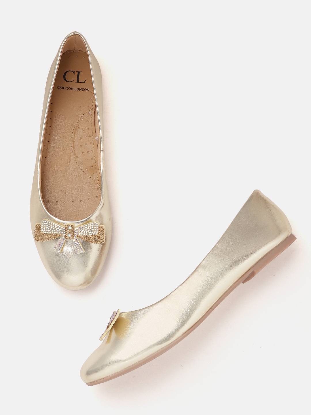 

Carlton London Women Gold-Toned Glossy Finish Ballerinas with Embellished Bows