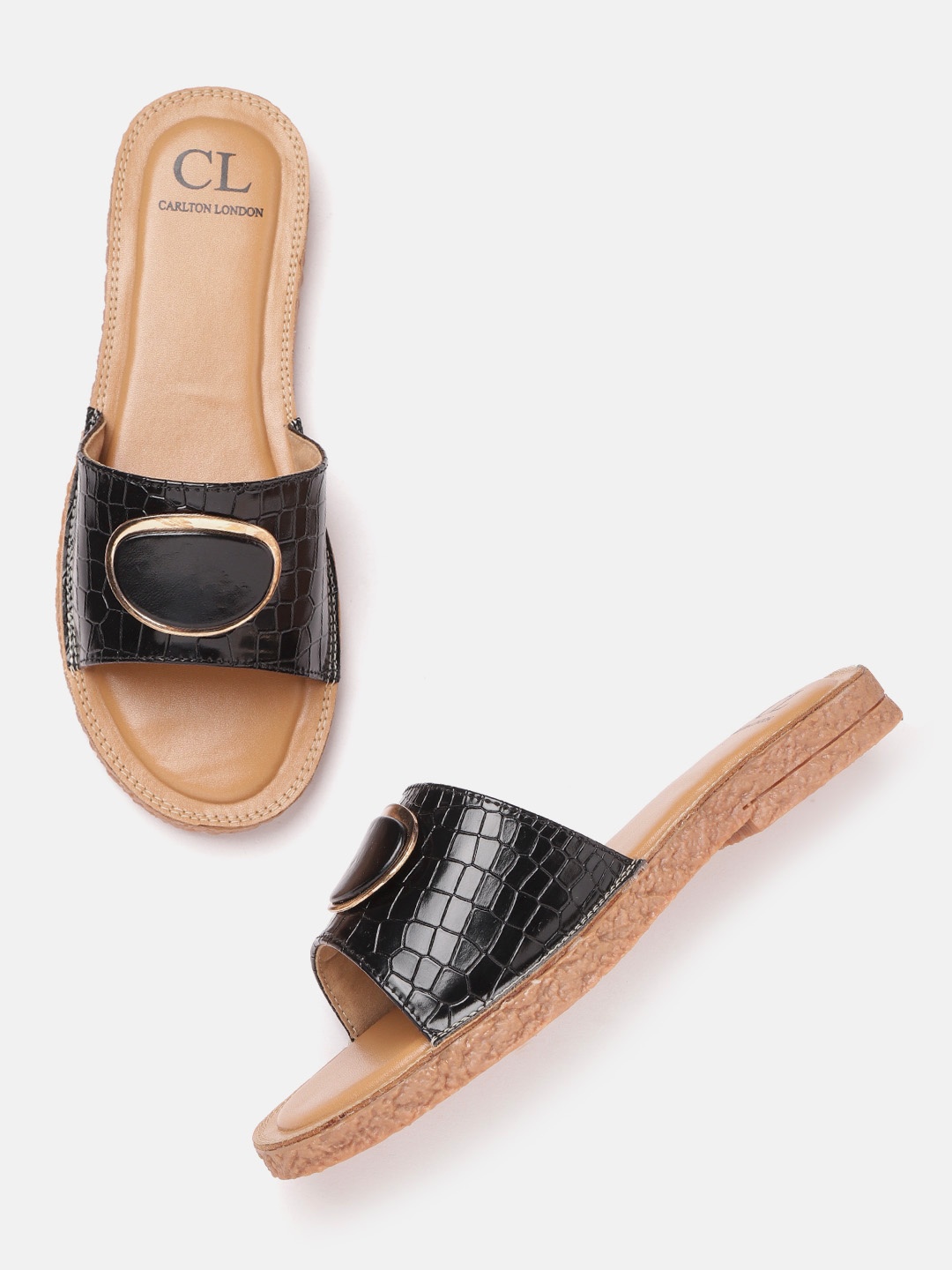 

Carlton London Women Black Textured Open Toe Flats with Metallic Detail