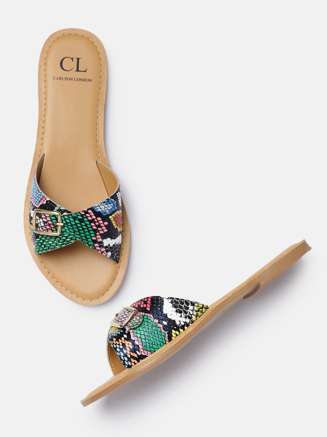 

Carlton London Women Multicoloured Textured Open Toe Flats with Buckles Detail, Multi