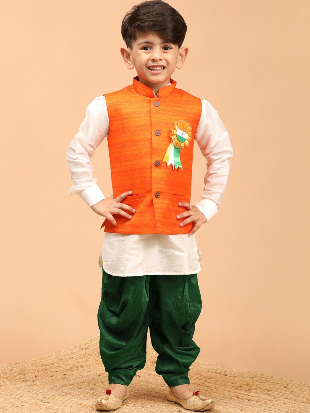 

VASTRAMAY Boys White Regular Kurta with Dhoti Pants and Orange Nehru Jacket