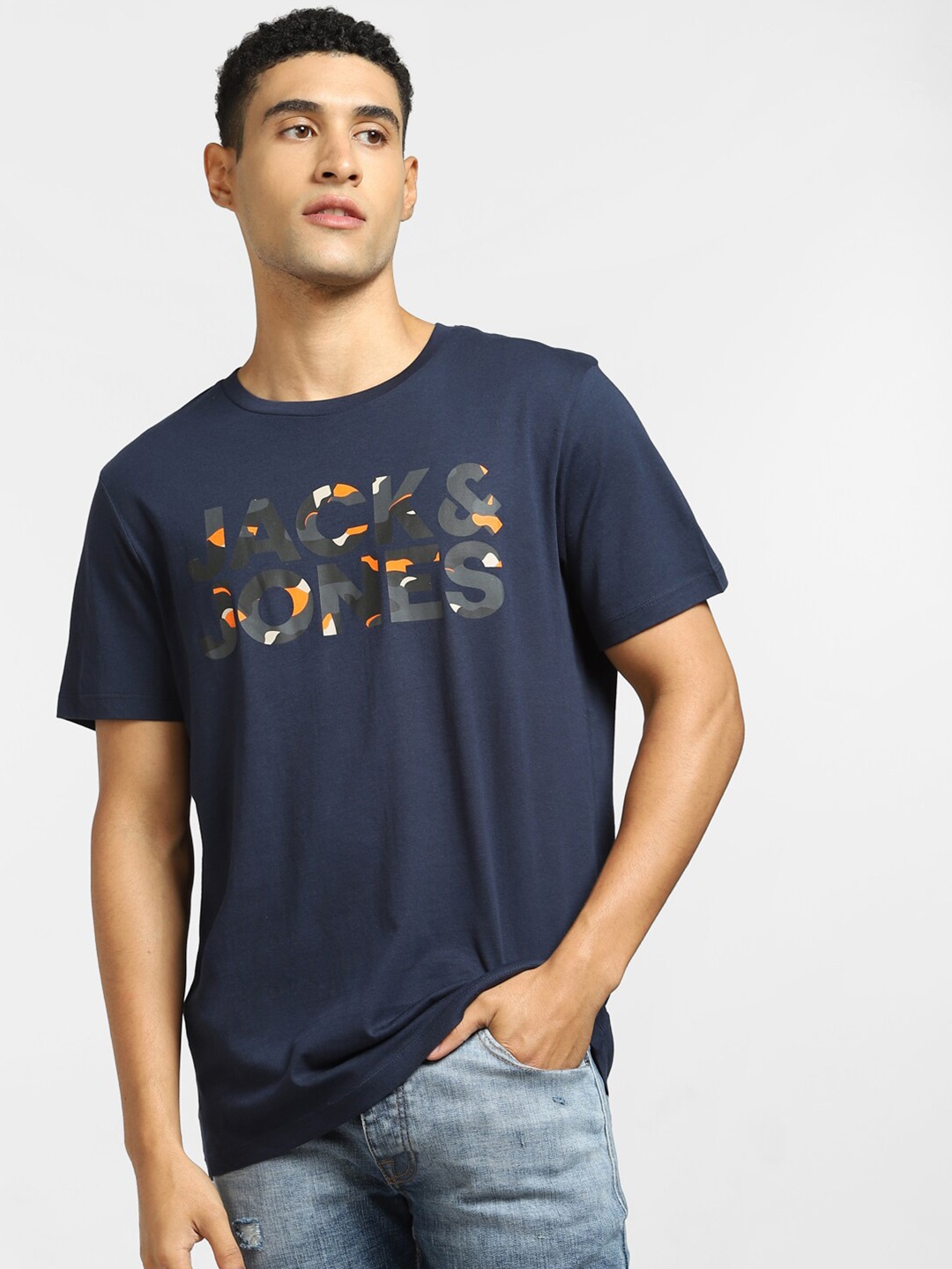 

Jack & Jones Men Blue Printed Raw Edge T-shirt