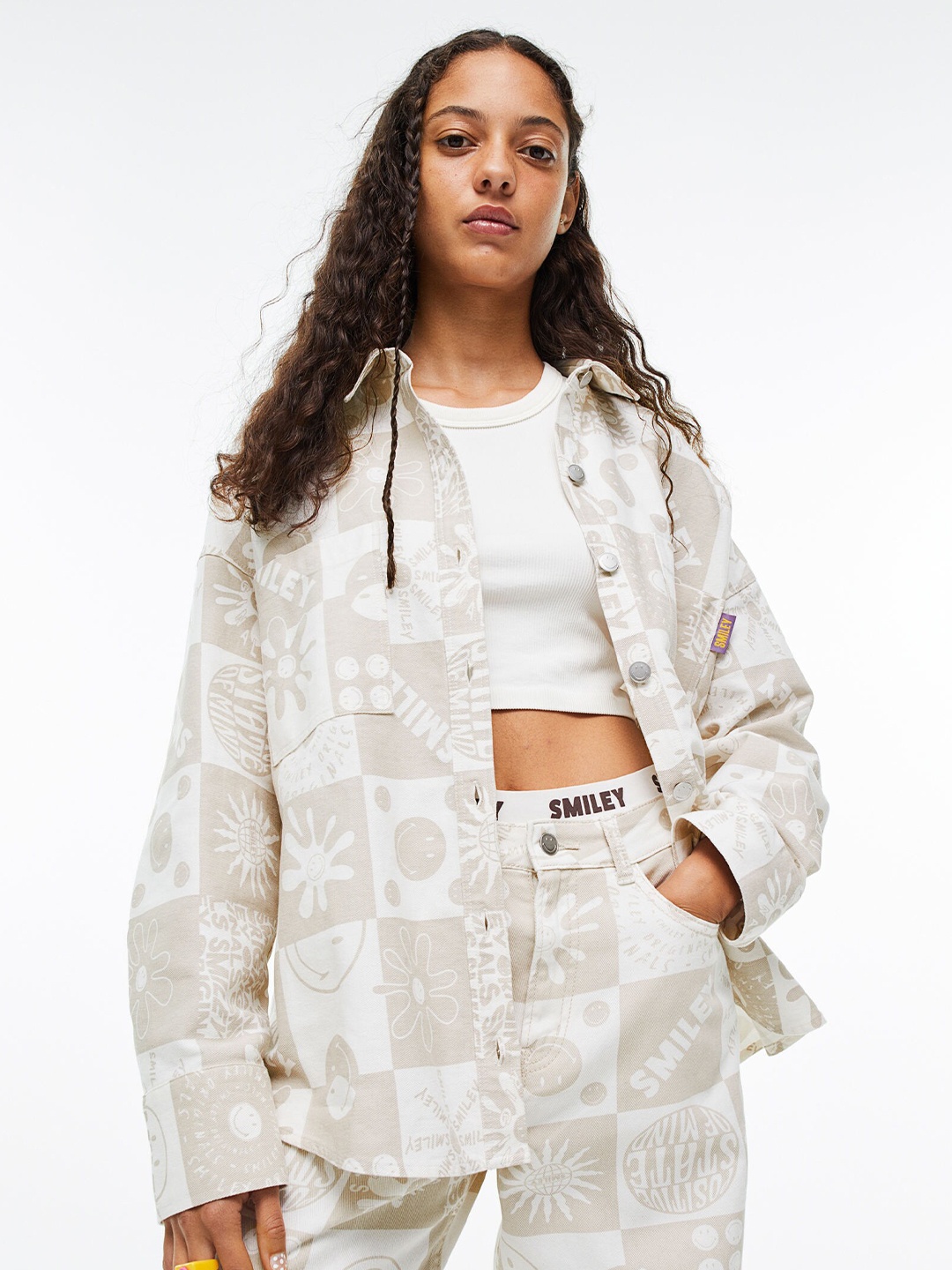 

H&M Women Beige & White Patterned Shirt