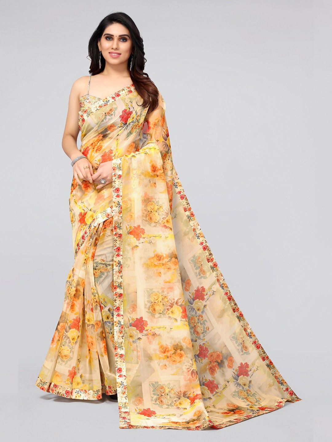 

MIRCHI FASHION Yellow & Orange Floral Organza Saree