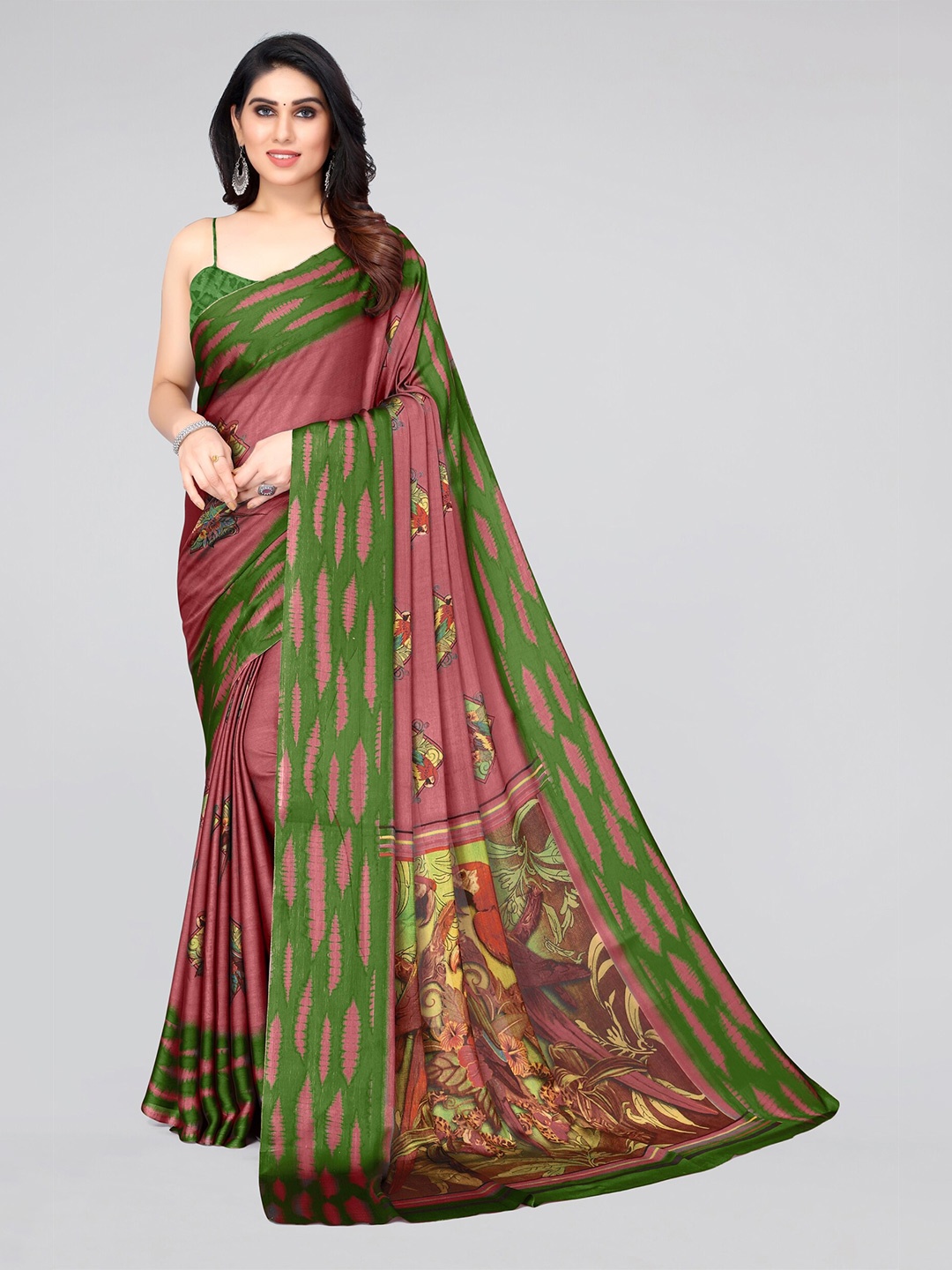 

MIRCHI FASHION Pink & Green Poly Chiffon Saree