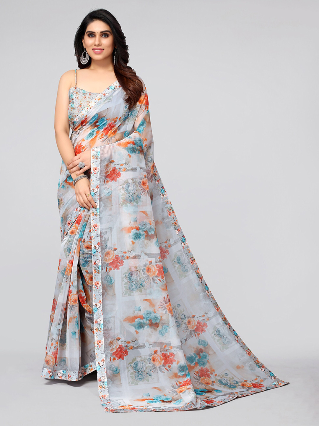 

MIRCHI FASHION Grey & Blue Floral Organza Saree