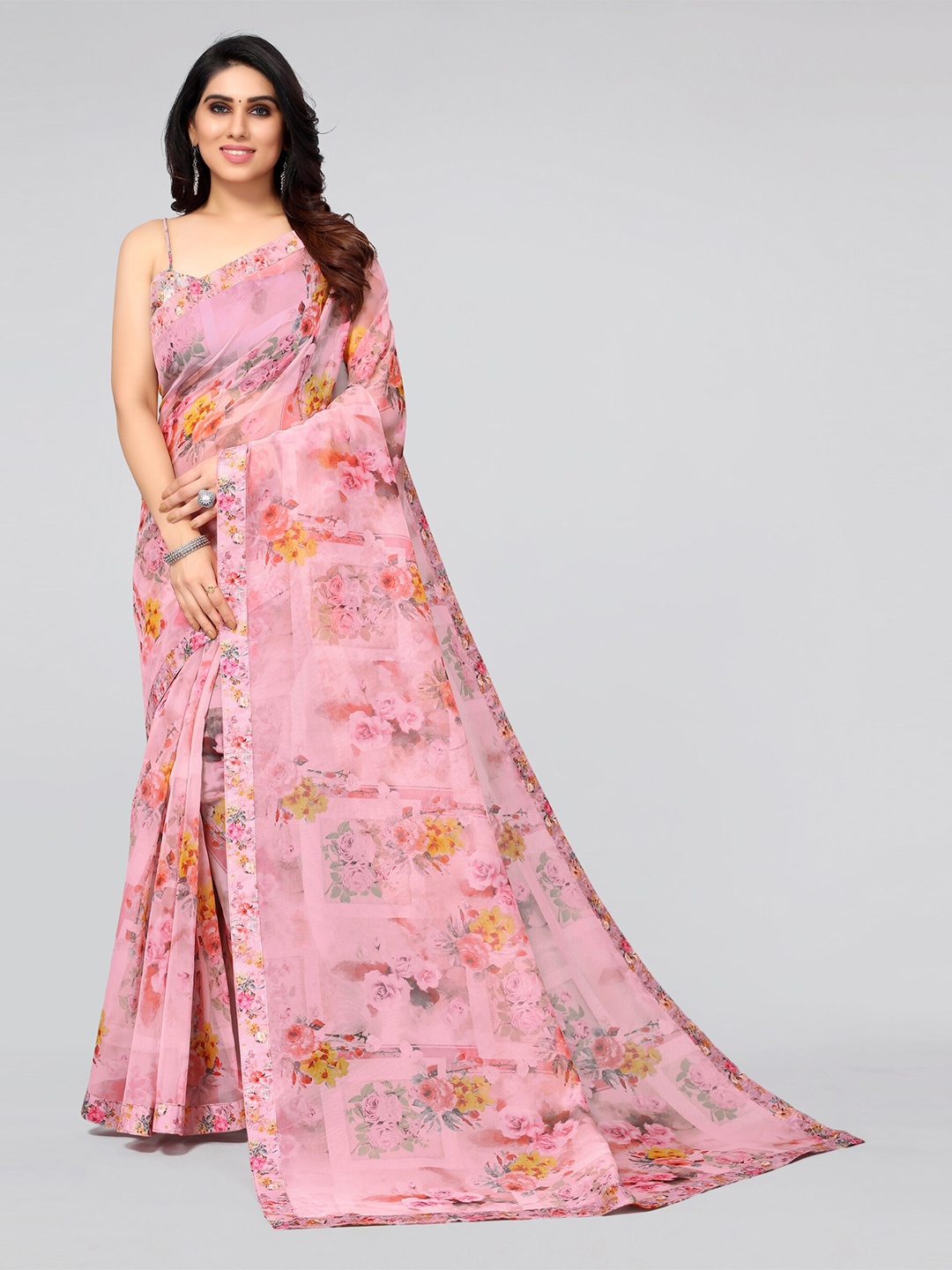 

MIRCHI FASHION Women Pink & Yellow Floral Organza Saree