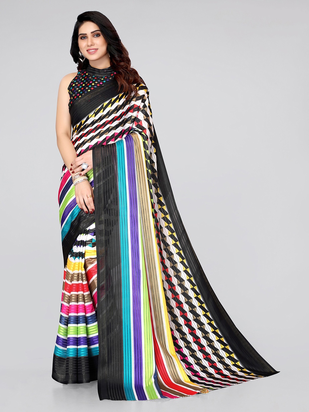 

MIRCHI FASHION Black & Yellow Leheriya Saree