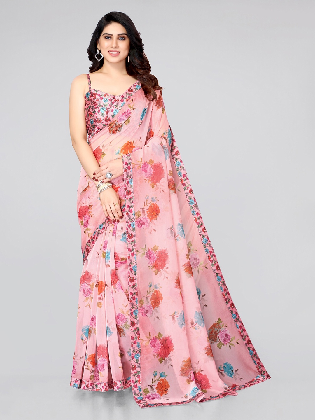

MIRCHI FASHION Women Peach & Blue Floral Organza Saree