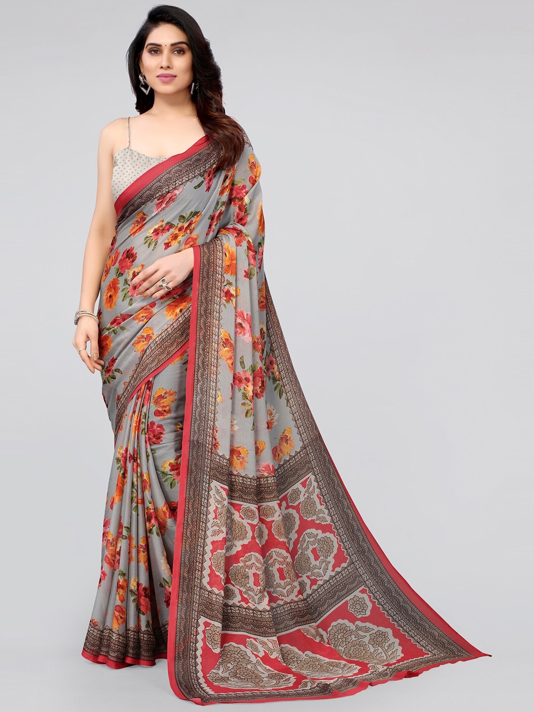 

MIRCHI FASHION Grey & Red Floral Printed Saree