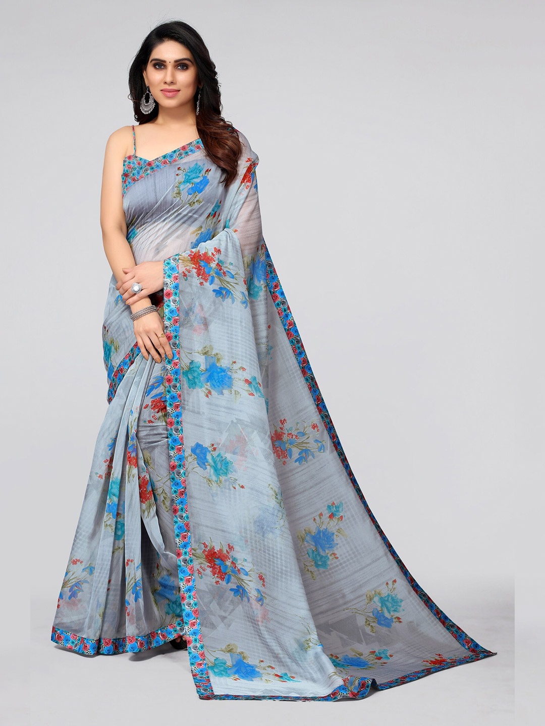 

KALINI Grey & Red Floral Organza Saree