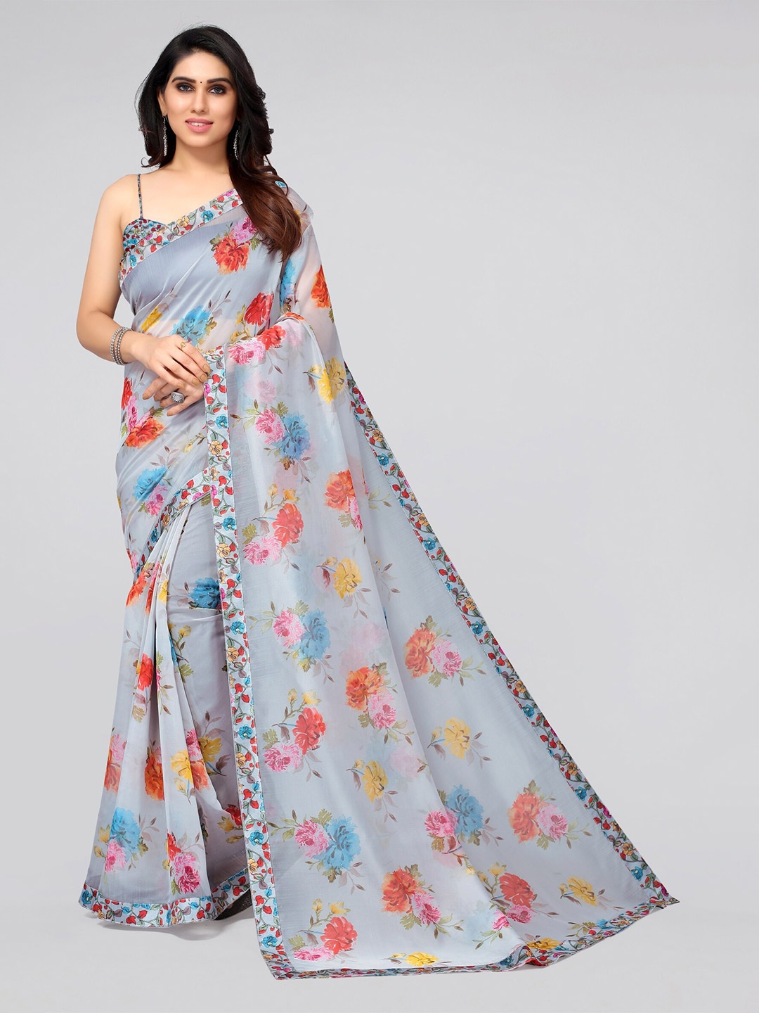 

MIRCHI FASHION Grey & Pink Floral Organza Saree