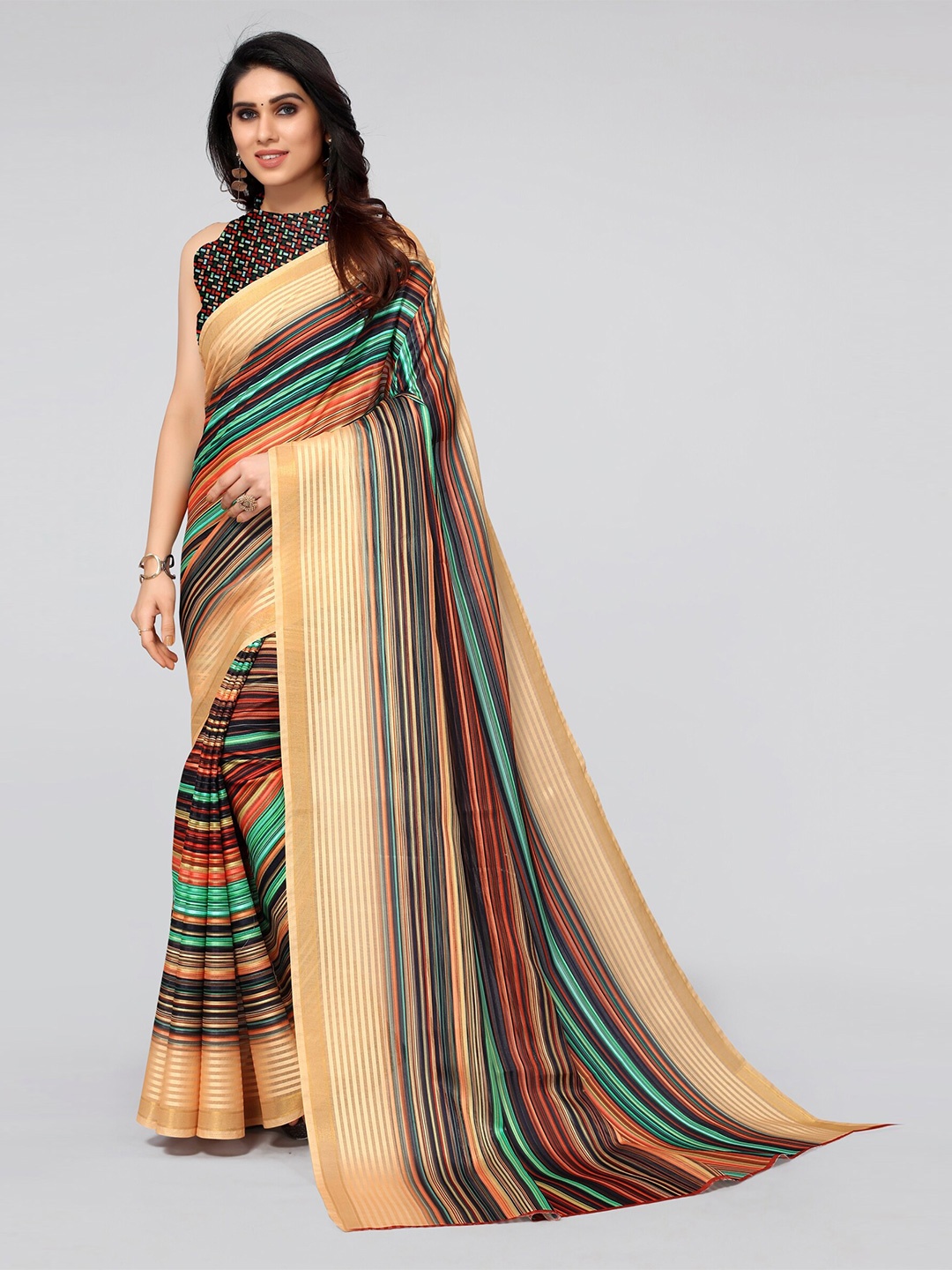 

MIRCHI FASHION Beige & Blue Leheriya Zari Leheriya Saree